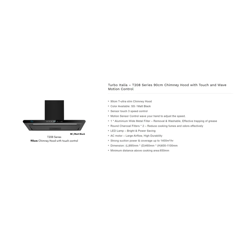 Turbo T208-90BK 90CM Incanto Chimney Hood