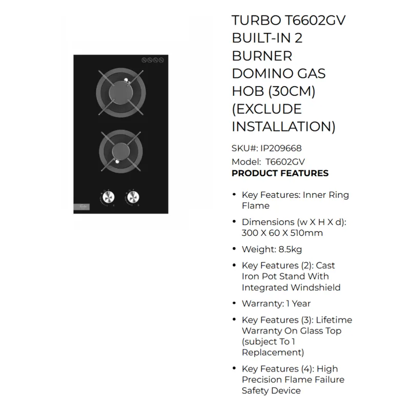 Turbo T6602GV 31CM Built-in Glass Hob