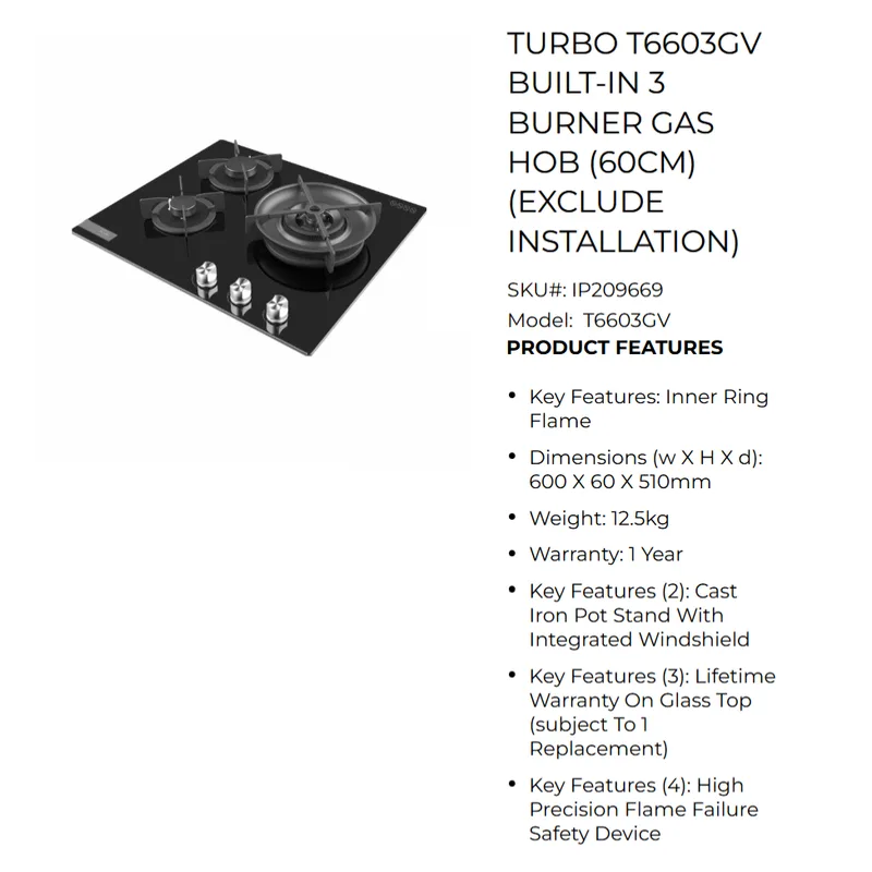 Turbo T6603GV 58CM Built-in Glass Hob
