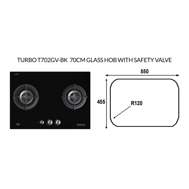 Turbo T702GV-BK 70CM Glass Hob With Safety Valve