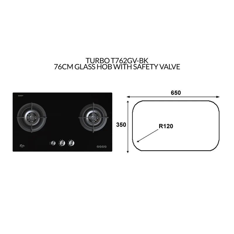 Turbo T762GV-BK 76CM Glass Hob With Safety Valve