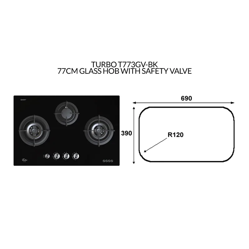 Turbo T773GV-BK 77CM Glass Hob With Safety Valve