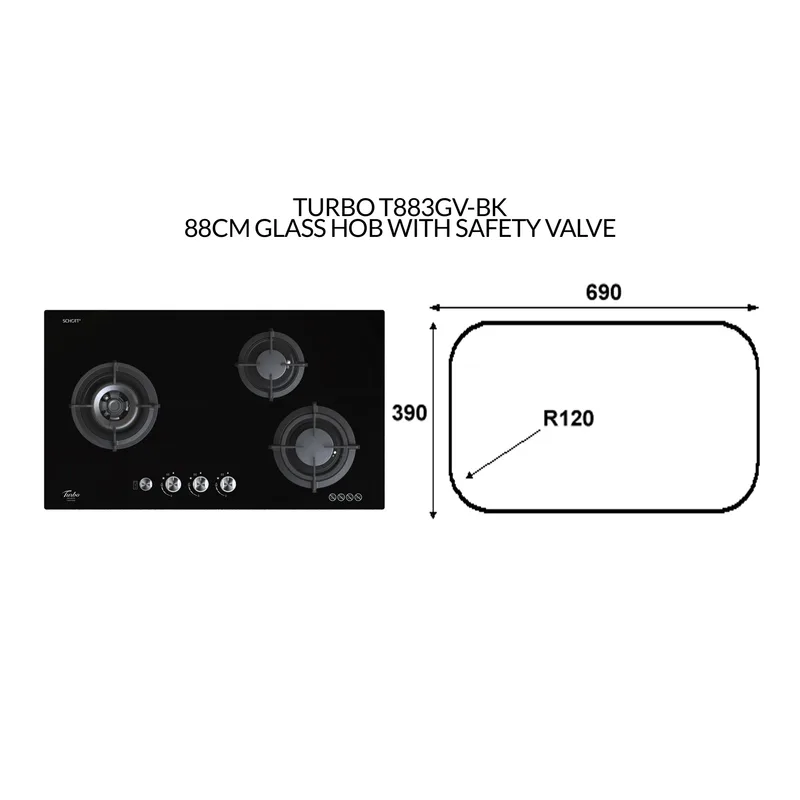Turbo T883GV-BK 88CM Glass Hob With Safety Valve