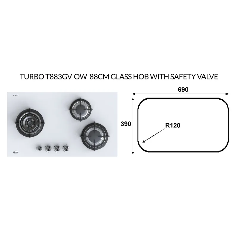 Turbo T883GV-OW 88CM Glass Hob With Safety Valve