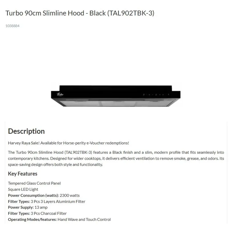 Turbo TAL902TBK-3 90CM Range Slim Hood