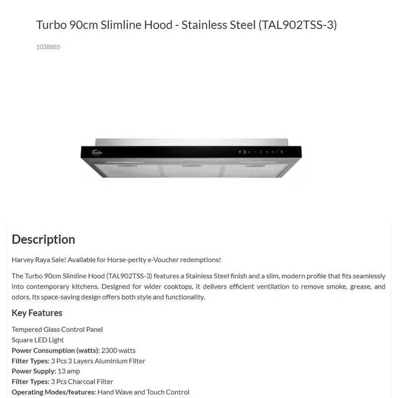 Turbo TAL902TSS-3 90CM Range Slim Hood