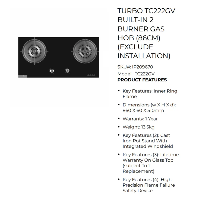Turbo TC222GV 86CM Built-in Glass Hob