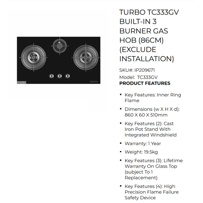 Turbo TC333GV 86CM Built-in Glass Hob