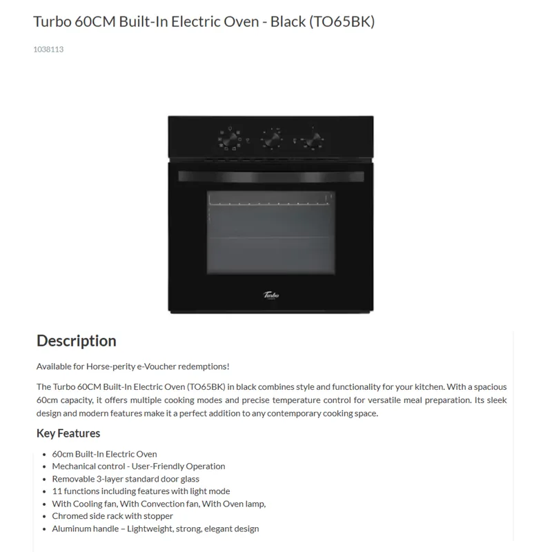 Turbo TO65BK 60CM Built-in Electric Oven