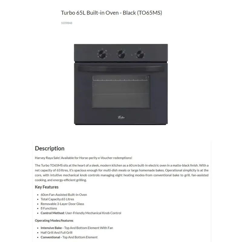 Turbo TO65MS 60CM Built-in Electric Oven