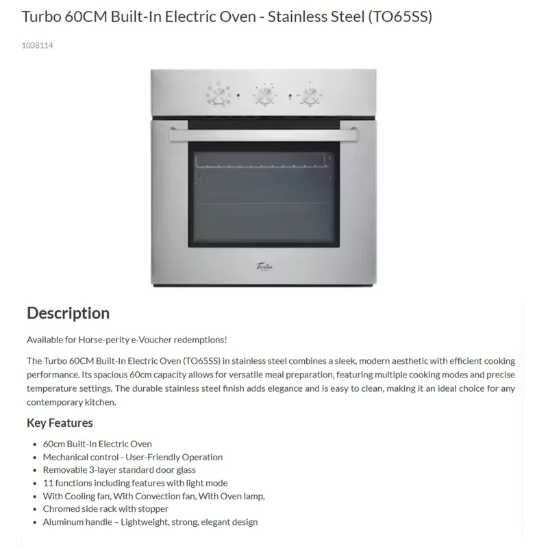Turbo TO65SS 60CM Built-in Electric Oven