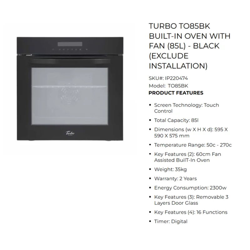 Turbo TO85BK 60CM 85L Built-in Electric Oven