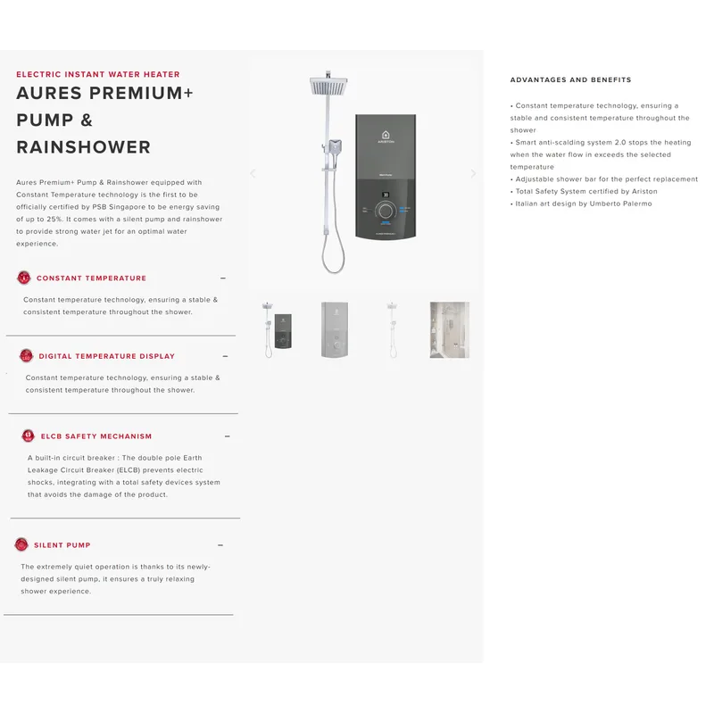 Ariston AURES PREMIUM+ 3.3P RS Instant Water Heater With Rain Shower