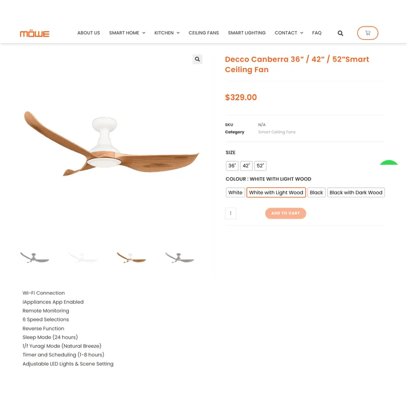 Decco CANBERRA HUGGER 52 WHLW 52" DC Ceiling Fan