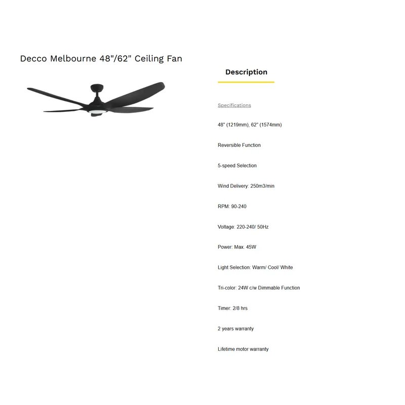 Decco MELBOURNE HUGGER 48 BK 48" Smart Ceiling Fan