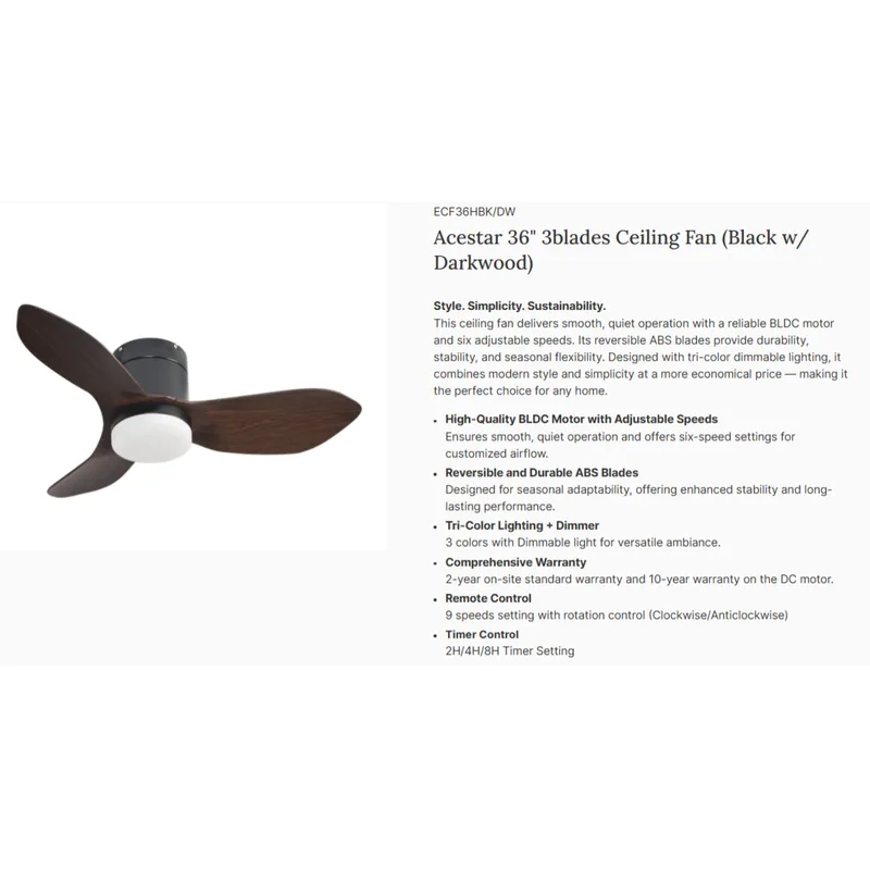 Europace ECF36H-BKDW 36" Acestar Series Bldc Motor Ceiling Fan (hugger)