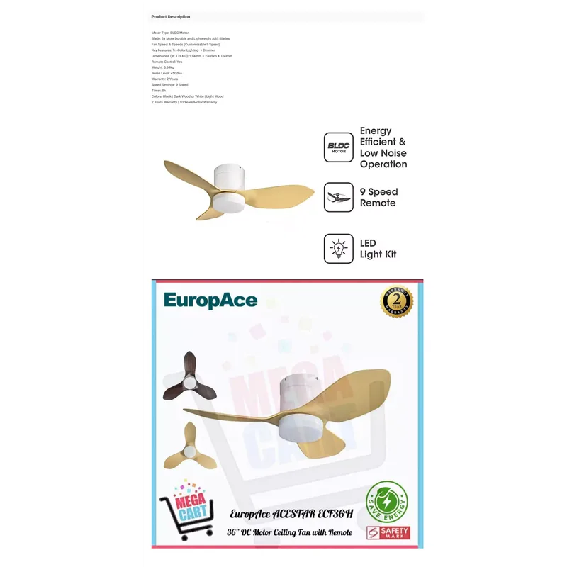 Europace ECF36H-WHLW 36" Acestar Series Bldc Motor Ceiling Fan (hugger)