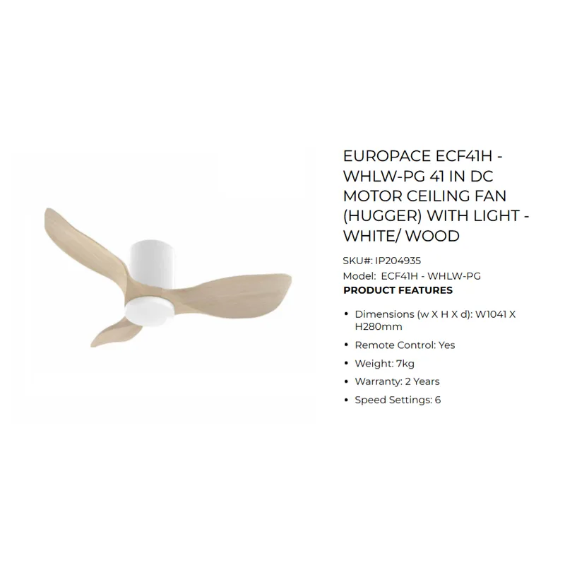 Europace ECF41H-WHLW-PG 41" Aeroace Series DC Motor Ceiling Fan (hugger)