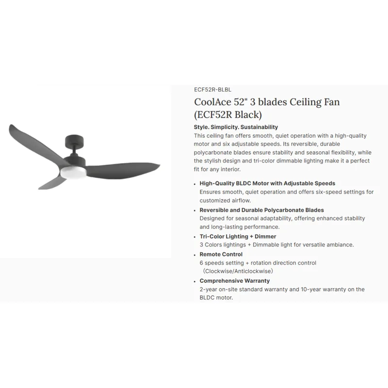 Europace ECF46R-BLBL 46" Coolace Series DC Motor Ceiling Fan (down Rod)