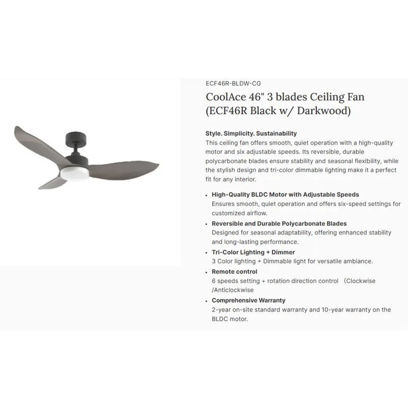 Europace ECF46R-BLDW-CG 46" Coolace Series DC Motor Ceiling Fan (down Rod)