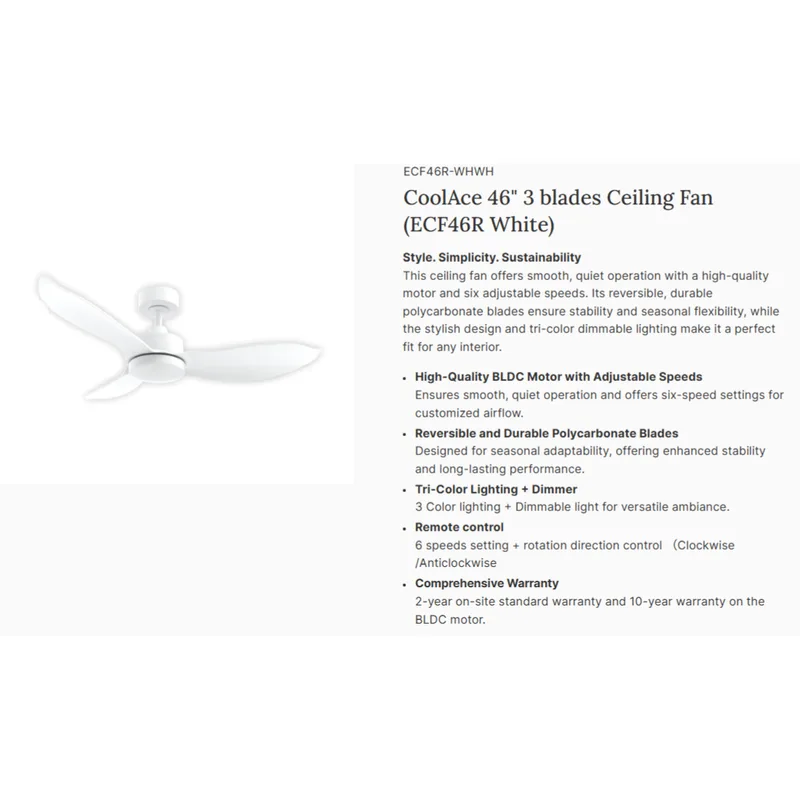 Europace ECF46R-WHWH 46" Coolace Series DC Motor Ceiling Fan (down Rod)