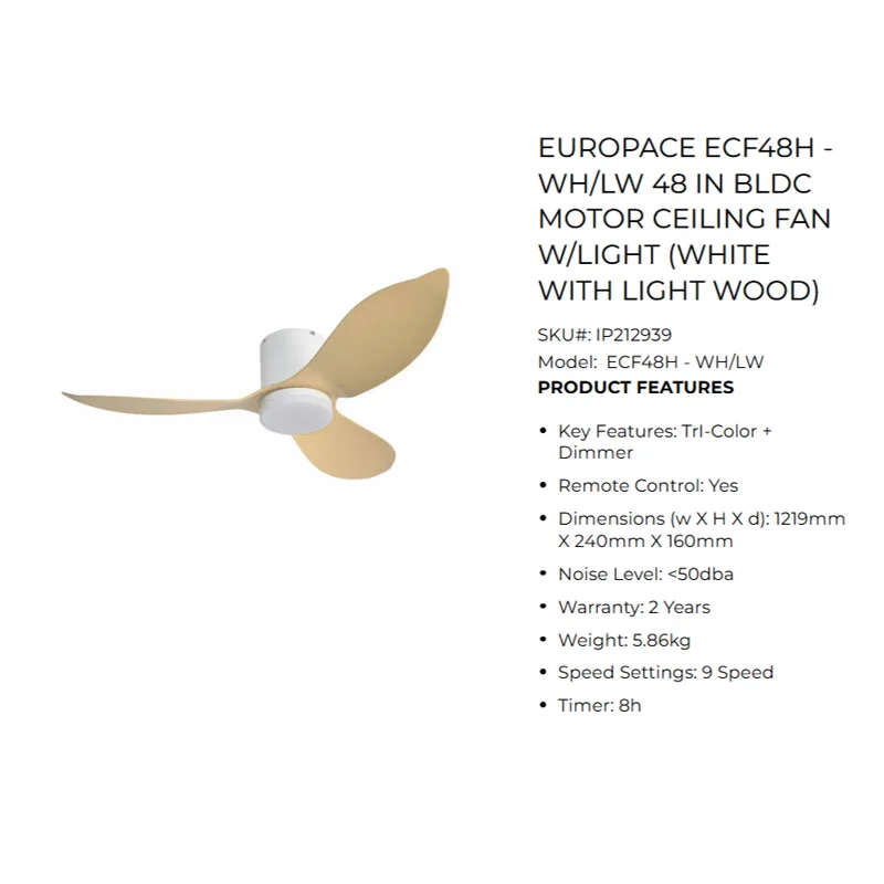 Europace ECF48H-WHLW 48" Acestar Series Bldc Motor Ceiling Fan (hugger)