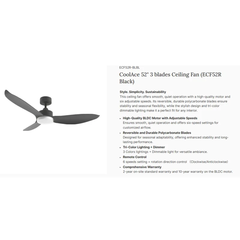Europace ECF52R-BLBL 52" Coolace Series DC Motor Ceiling Fan (down Rod)