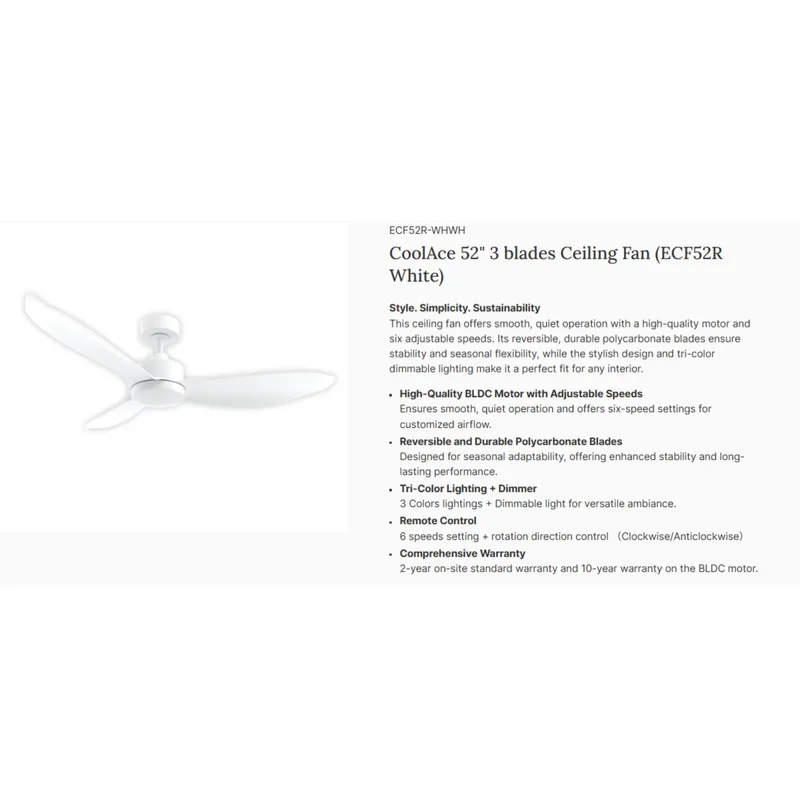 Europace ECF52R-WHWH 52" Coolace Series DC Motor Ceiling Fan (down Rod)