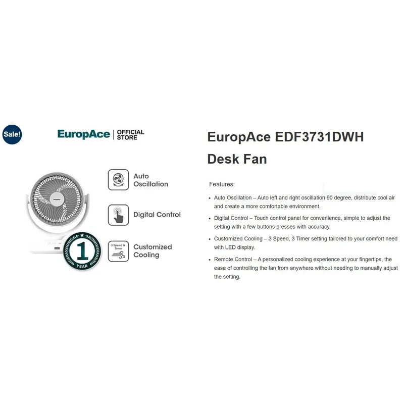 Europace EDF3731DWH 7” Desk Fan With Digital Control