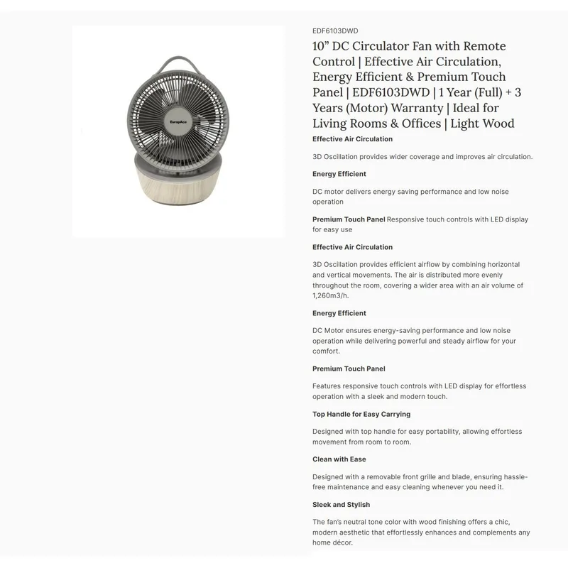 Europace EDF6103DWD 10” DC Circulator Fan