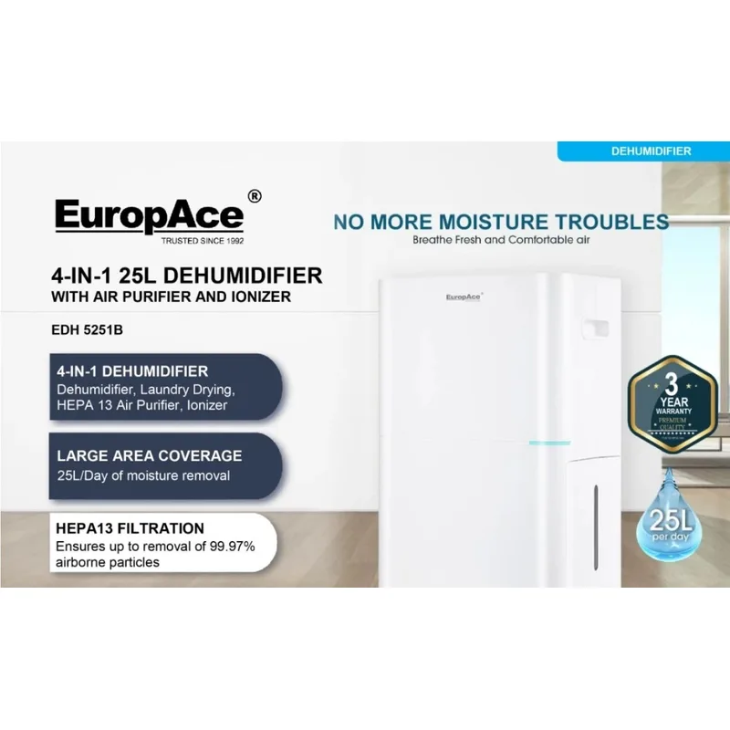Europace EDH-5251B 4 In 1 25L/ Day 3.8L Tank Dehumidifier