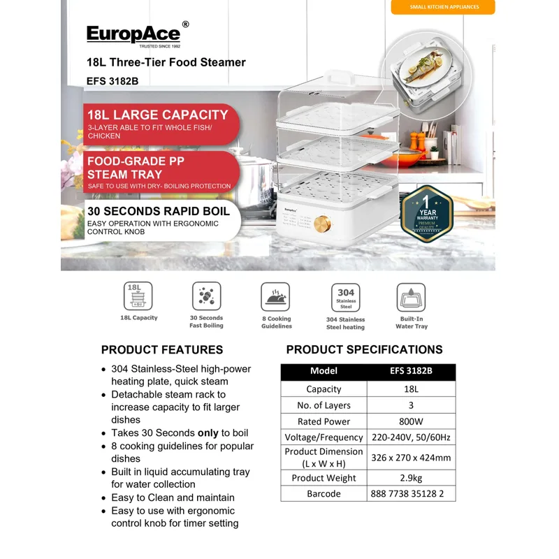 Europace EFS-3182B 18L Three-tier Food Steamer