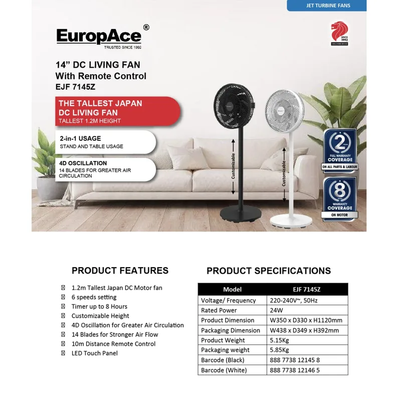 Europace EJF-7145Z 14” DC Living Fan With Remote Control
