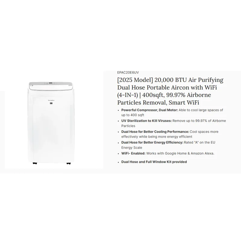 Europace EPAC20E6UV 20,000BTU Dual Dose Portable Aircon