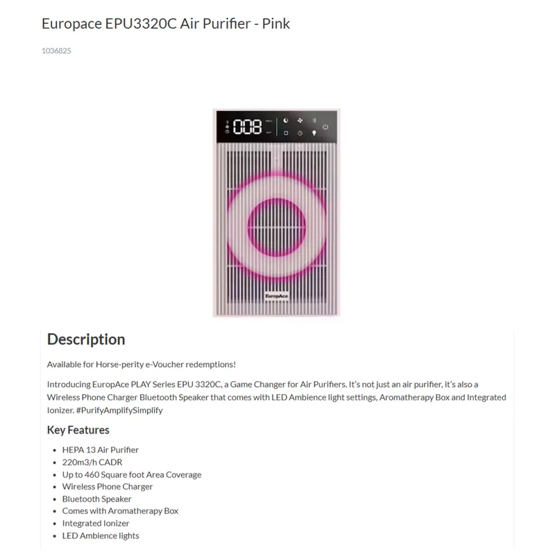 Europace EPU-3320C-PK 44m² Play Series 3 In 1 Air Purifier