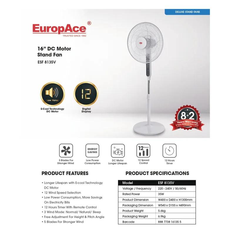 Europace ESF-8135V 16" DC Motor Stand Fan
