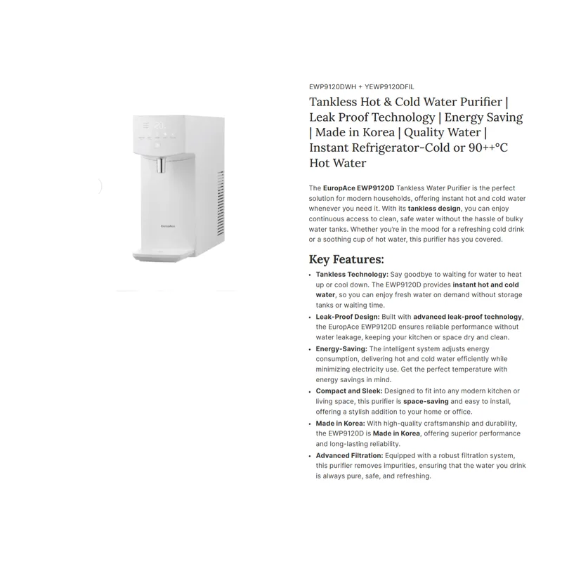 Europace EWP-9120DWH Korean Tankless Hot & Cold Water Purifier