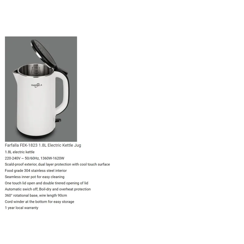 Farfalla FEK-1823 1.8L Dual Layer Protection W/cool Touch Kettle Jug