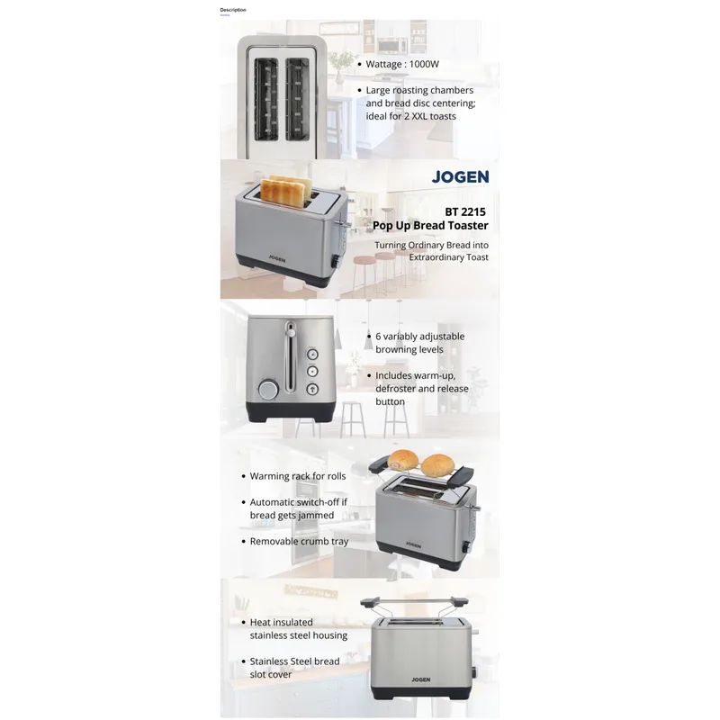 Jogen BT2215 2 Slot Automatic Bread Toaster