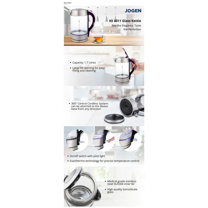 Jogen KE4311 Stainless Steel Glass Kettle