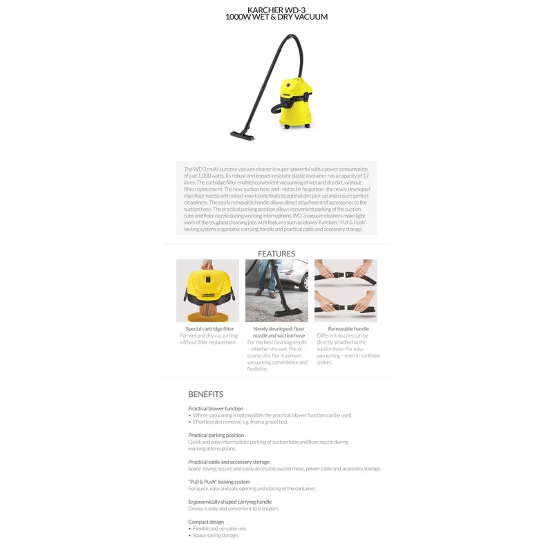 Karcher WD-3 1000W Wet & Dry Vacuum