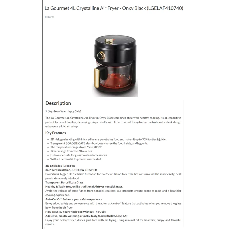 La Gourmet LGELAF410740 4L Glass Air Fryer