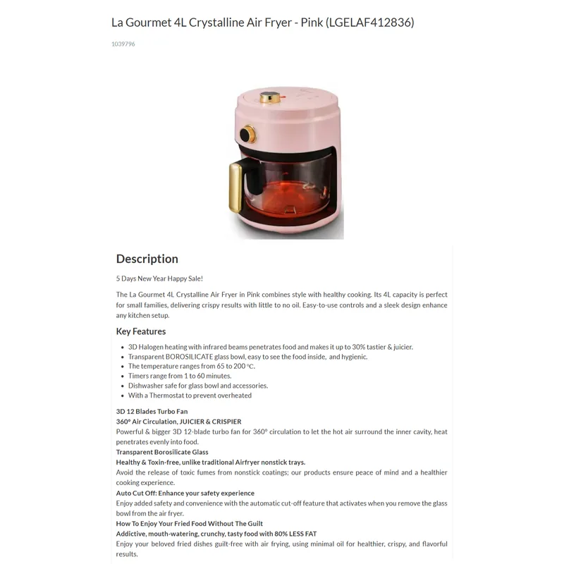 La Gourmet LGELAF412836 4L Glass Air Fryer