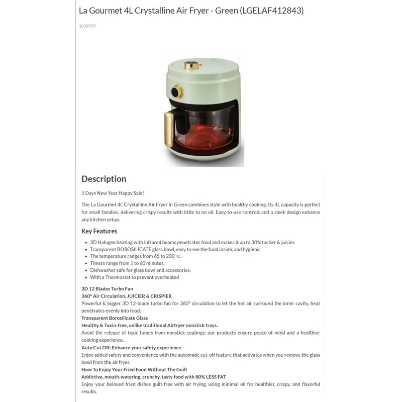 La Gourmet LGELAF412843 4L Glass Air Fryer