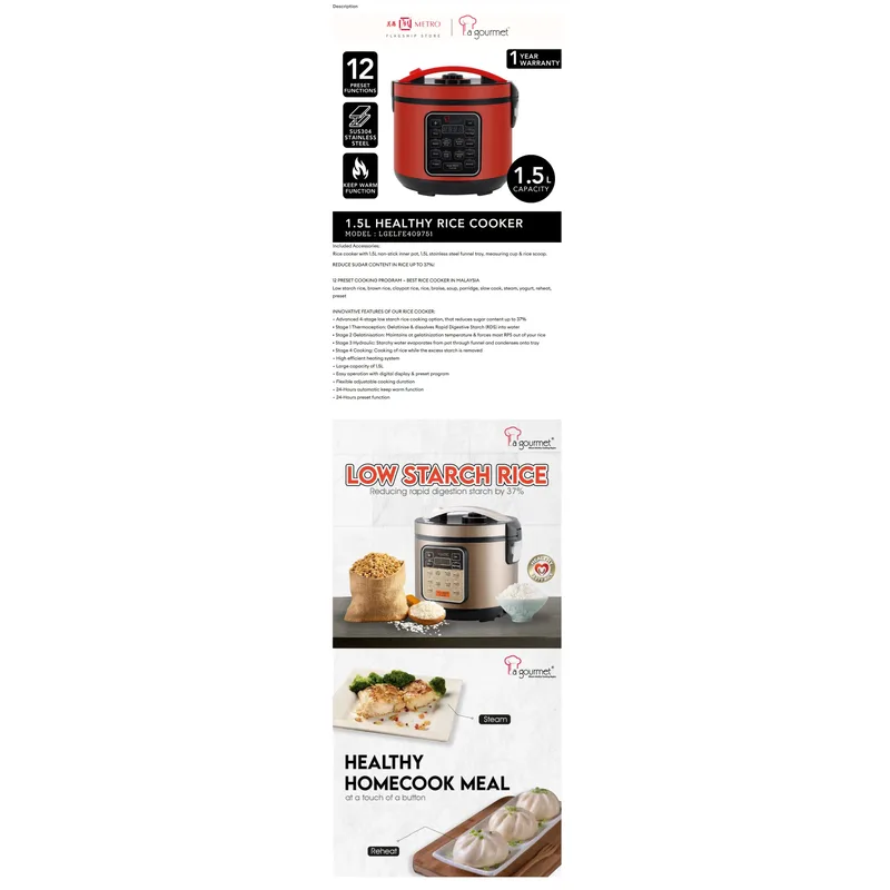 La Gourmet LGELFE409751 Frame 1.5L Healthy Rice Cooker