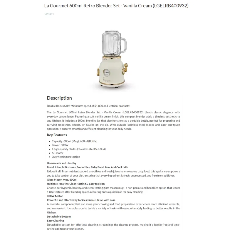 La Gourmet LGELRB400932 Retro Blender Set