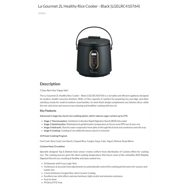 La Gourmet LGELRC410764 2L Healthy Rice Cooker