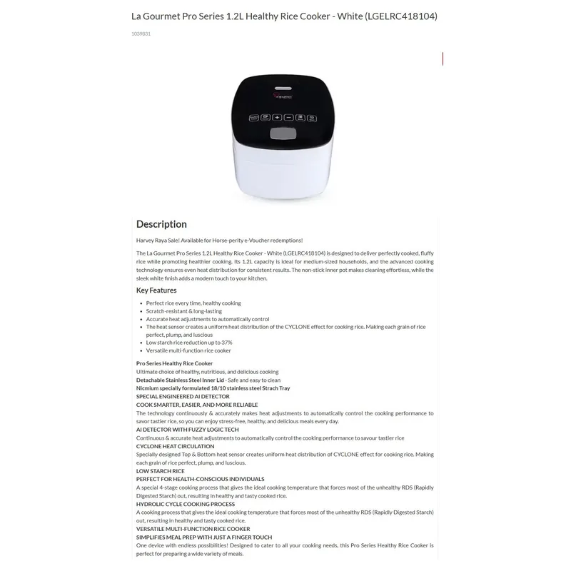 La Gourmet LGELRC418104 1.2L Healthy Rice Cooker