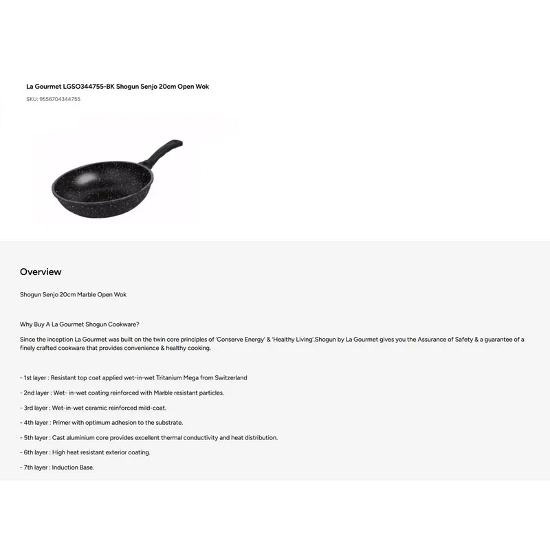 La Gourmet LGSO344755 Shogun Senjo 20CM Open Wok