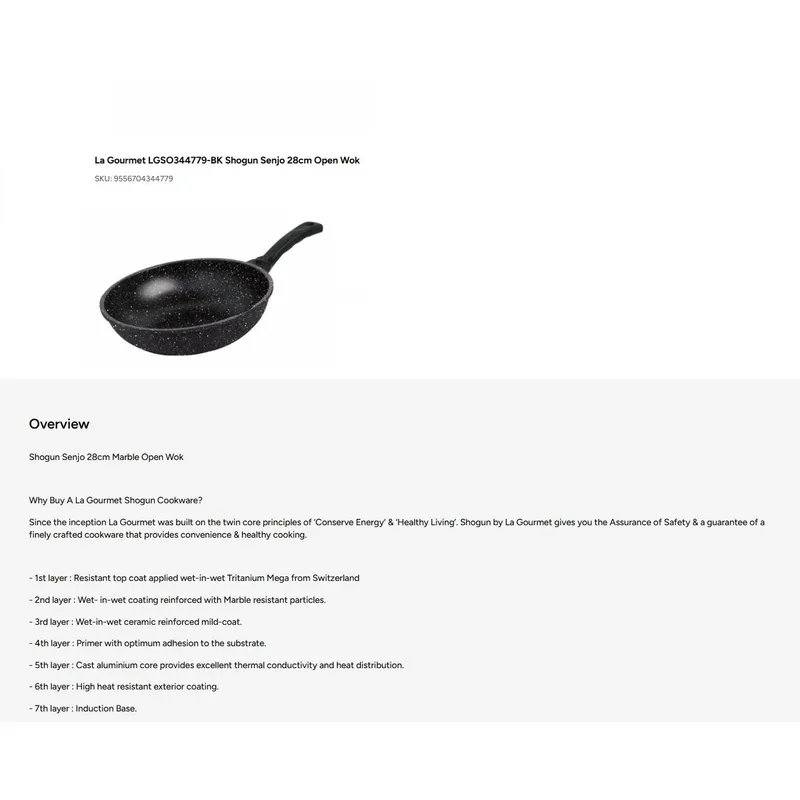 La Gourmet LGSO344779 Shogun Senjo 28CM Open Wok